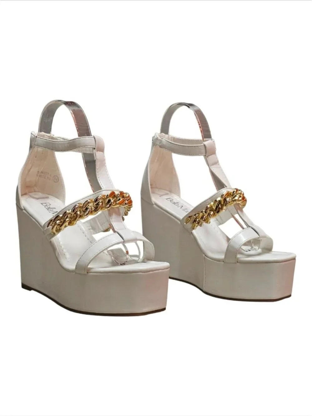White Platform Wedge Sandals With Gold Chain Accent & Clear Straps By Bella Mari